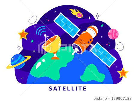 Satellite Internet Technology Vector Illustration featuring Satellites in Orbit Transmitting Signals for Global Network Connectivity in a Background 129907188