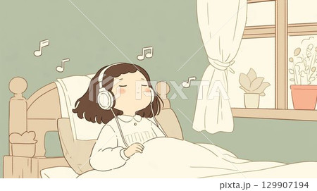 ヘッドホンで音楽を聴く女の子のリラックスタイム 129907194