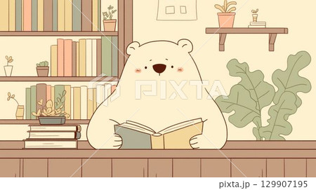 本を読むシロクマと本棚のイラスト 129907195