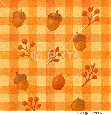 どんぐりと実の秋チェック柄 129907205