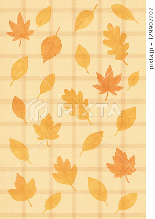 落ち葉の水彩チェック柄背景 129907207