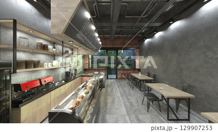 大きな窓があるカフェ 129907253