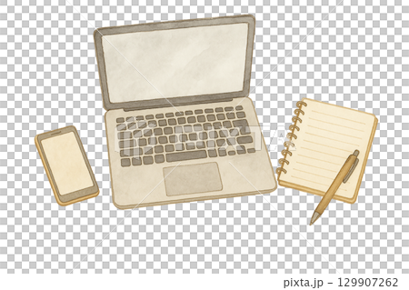 筆記型電腦、記事本、智慧型手機和筆的水彩插圖(剪切) 筆記型電腦、記事本、智慧型手機和筆的水彩插圖(剪切) 129907262