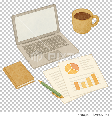 ノートパソコンとコーヒー・資料・手帳の水彩イラスト（切り抜き） 129907263