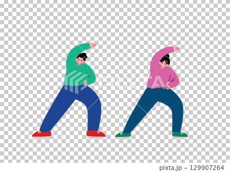 Men and women doing radio exercises 129907264