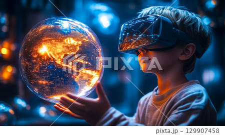 A boy wearing VR glasses interacts with a holographic globe. The concept of immersive learning, future technology, and global exploration through virtual reality. Generative AI. 129907458