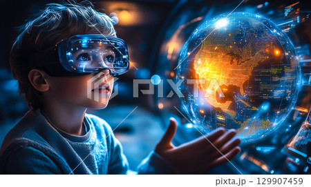A boy wearing VR glasses interacts with a holographic globe. The concept of immersive learning, future technology, and global exploration through virtual reality. Generative AI. 129907459