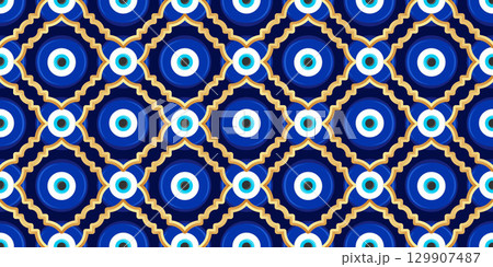 Evil eye golden pattern. Seamless Turkish background with magic blue beads. Greek nazar vector wallpaper. Protection amulet - symbol of luck and energy. Ornament with spiritual talisman 129907487