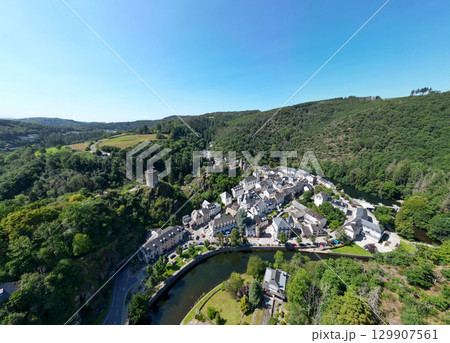 Esch-sur-Sure, Wiltz, Grand-Duche de Luxembourg, August 10, 2025, Charming Aerial View of a Serene 129907561