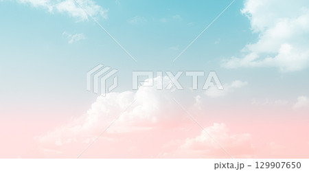 Sky Pastel Cloudy Light Abstract Pink Blue Cloud Fantasy Dream Weather Atmosphere Heaven Morning Gradation Rainbow Wallpaper Background Nature Beauty Horizontal, Mockup Environment Summer Backdrop. 129907650