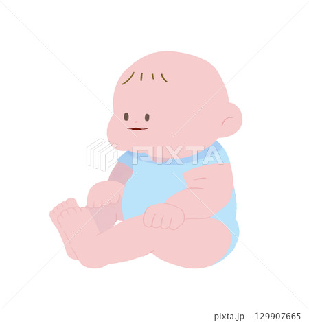 むちむちの赤ちゃんがお座りしている手描きのカラーデフォルメイラスト 129907665