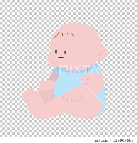 むちむちの赤ちゃんがお座りしている手描きのカラーデフォルメイラスト 129907665