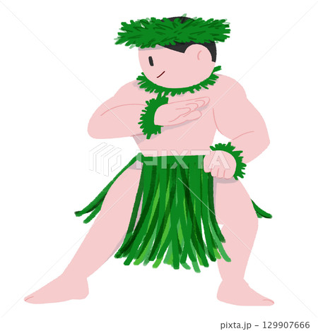 男性のハワイアンダンサーがポーズをしているデフォルメカラーイラスト 129907666