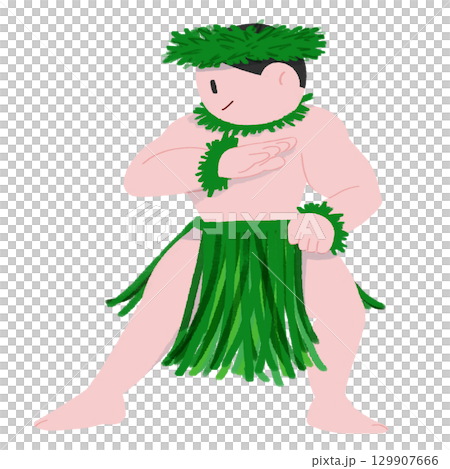 男性のハワイアンダンサーがポーズをしているデフォルメカラーイラスト 129907666