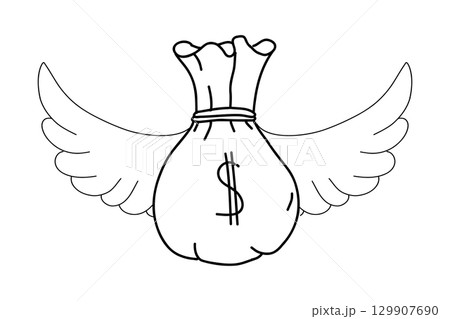 Flying money bag sack with wings doodle comic hand drawn. Dollar symbol, cash sketch drawing. Flying money bag sack with wings doodle comic hand drawn. Dollar symbol, cash sketch drawing. 129907690