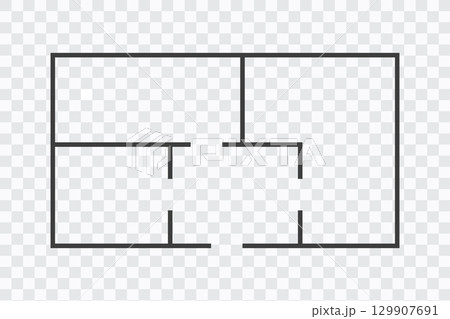 Floor plan simple icon room flat apartment modern unfurnished house line drawing, floor plan project, symbol. Technical architecture draw. Structure shape, build layout with doors and windows. 129907691