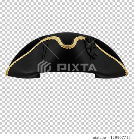 Black vintage tricorn hat with golden trim for a pirate captain or colonial officer costume 129907713