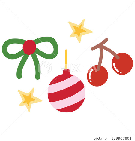 Christmas ornament, cherry, green bow for Christmas and New Year decoration, card print, sticker, festive winter, cute patch, shirt print, happy holiday, department store, brooch, pin, costume, fruit 129907801