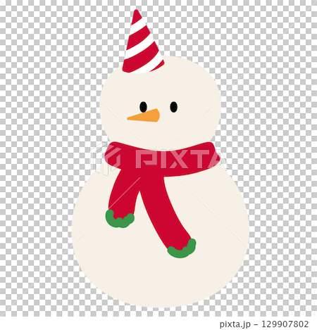 Christmas illustration of snowman wearing red scarf and party hat for Christmas decoration, winter festive season, card print, December element, gift wrap, packaging, cartoon character, sticker, icons 129907802