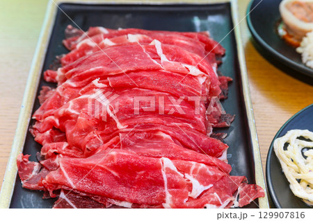 Asian food. Raw beef shabu shabu Asian food. Raw beef shabu shabu 129907816