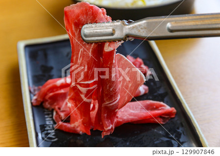 Asian food. Raw beef shabu shabu 129907846