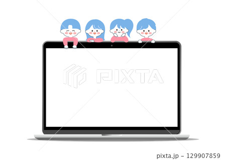 空白のノートパソコン画面と上から覗く子どもたち 129907859