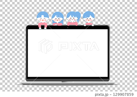 空白のノートパソコン画面と上から覗く子どもたち 129907859