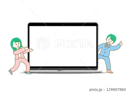 空白のノートパソコン画面とそれを強調する男女のビジネスマン 129907860