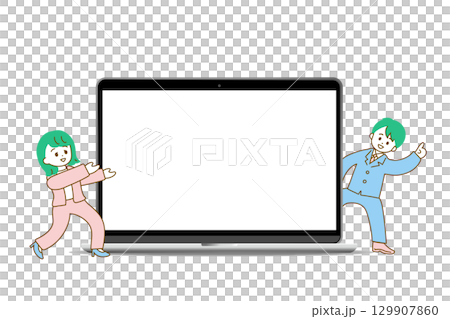 空白的筆記型電腦螢幕和突出它的男性和女性商務人士 空白的筆記型電腦螢幕和突出它的男性和女性商務人士 129907860