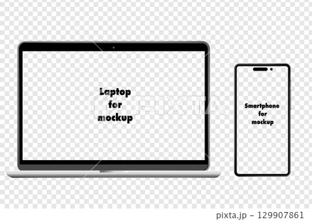 透過背景のパソコンとスマホ画面のモックアップ素材 全体の背景には格子柄を敷いています 透過背景のパソコンとスマホ画面のモックアップ素材 全体の背景には格子柄を敷いています 129907861