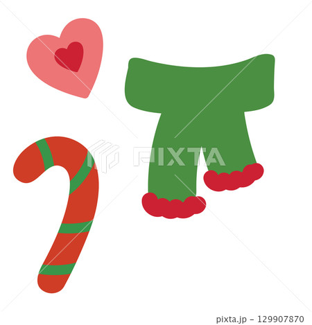 Christmas illustrations of green winter scarf, candy cane for Christmas and New Year decoration, ornament, card print, sticker, festive season, cute patch, shirt print, happy holiday, department store 129907870