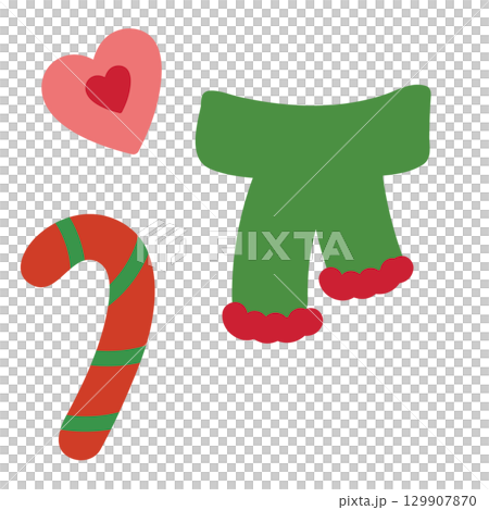 Christmas illustrations of green winter scarf, candy cane for Christmas and New Year decoration, ornament, card print, sticker, festive season, cute patch, shirt print, happy holiday, department store 129907870