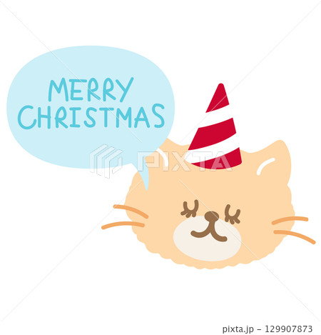 Cute Christmas illustration of cat wearing party hat, MERRY CHRISTMAS texts for Christmas decoration, festive winter season, pet shop, vet, patch, sticker, adopt and rescue animal, kitten cartoon, pin Cute Christmas illustration of cat wearing party hat, MERRY CHRISTMAS texts for Christmas decoration, festive winter season, pet shop, vet, patch, sticker, adopt and rescue animal, kitten cartoon, pin 129907873