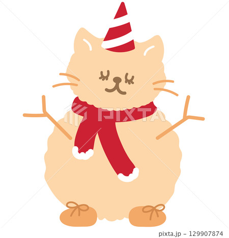 Cute Christmas illustration of cat wearing red scarf and party hat as a snowman for Christmas decoration, festive winter season, pet shop, vet, patch, sticker, adopt and rescue animal, kitten cartoon 129907874
