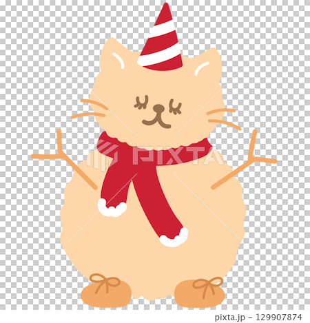 Cute Christmas illustration of cat wearing red scarf and party hat as a snowman for Christmas decoration, festive winter season, pet shop, vet, patch, sticker, adopt and rescue animal, kitten cartoon 129907874