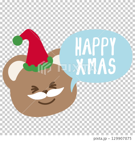 Christmas illustration of teddy bear wearing Santa beard and party hat for Christmas decoration, festive winter season, zoo, souvenir, patch, sticker, animal, cartoon characters, text, message, icon Christmas illustration of teddy bear wearing Santa beard and party hat for Christmas decoration, festive winter season, zoo, souvenir, patch, sticker, animal, cartoon characters, text, message, icon 129907875