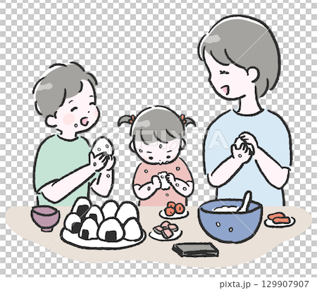 Parent and child holding a rice ball Parent and child holding a rice ball 129907907