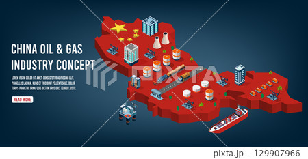 China oil and gas industry concept with Energy and Power on flag background. China oil and gas industry concept with Energy and Power on flag background. 129907966