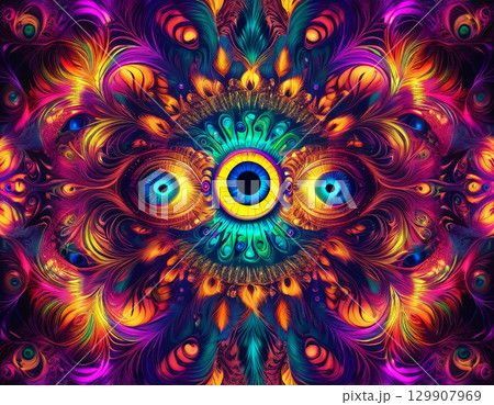Vivid psychedelic artwork with fractal bright neon patterns and intricate central eye design 129907969