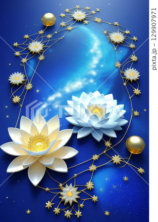 Two white lotus flowers at a cosmic blue background with starry milky way, dreamy atmosphere artwork 129907971