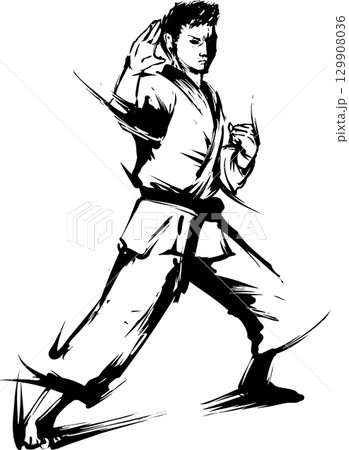 武術の構えの墨絵イラスト 武術の構えの墨絵イラスト 129908036