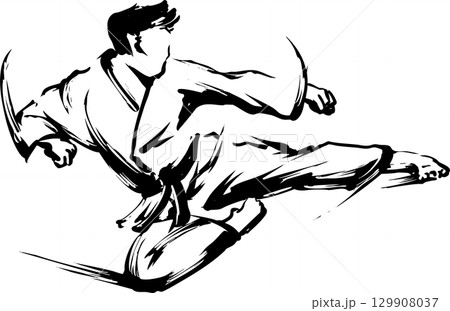 跳び蹴りの墨絵イラスト 129908037
