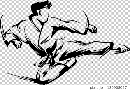 Ink painting illustration of a jumping kick 129908037