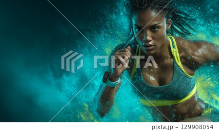 Female athlete running through colorful powder blast during intense workout Female athlete running through colorful powder blast during intense workout 129908054