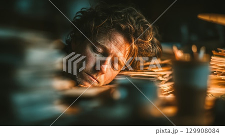 Exhausted office worker sleeping on documents at desk 129908084