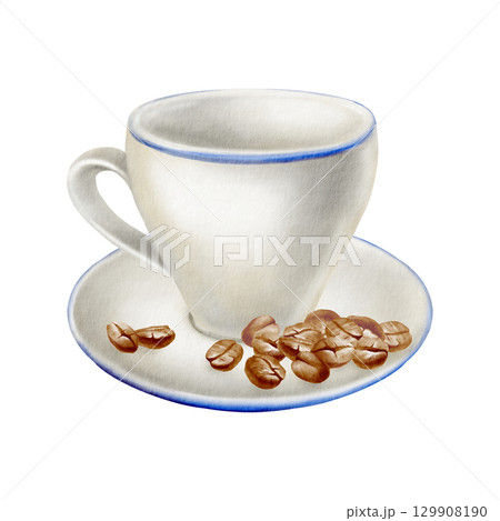 Classic simple cup and coffee beans on plate with blue border as a piece of kitchen utensils and symbol coffee drinking or just a break.isolated hand drawn watercolor illustration in minimalism style 129908190