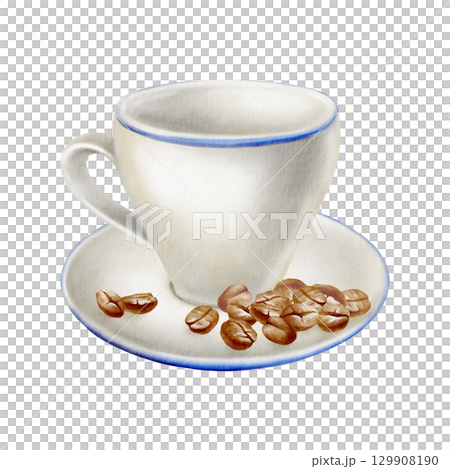 Classic simple cup and coffee beans on plate with blue border as a piece of kitchen utensils and symbol coffee drinking or just a break.isolated hand drawn watercolor illustration in minimalism style Classic simple cup and coffee beans on plate with blue border as a piece of kitchen utensils and symbol coffee drinking or just a break.isolated hand drawn watercolor illustration in minimalism style 129908190