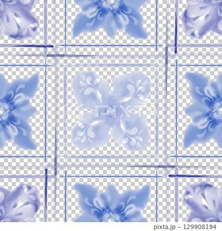 Watercolor floral seamless pattern in Mediterranean style,seams of old ceramic tile in blue color.Loose abstract botanical motif.For textiles,ceramics.Hand drawn illustration on white background Watercolor floral seamless pattern in Mediterranean style,seams of old ceramic tile in blue color.Loose abstract botanical motif.For textiles,ceramics.Hand drawn illustration on white background 129908194