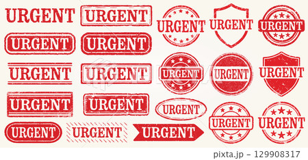 Urgent Grunge Stamp Set. Collection Of 20 Distressed Red Retro Urgent Rubber Stamps With A Vintage Grunge Texture. Perfect For Labels, Documents, Deadlines, Alerts, Posters, Packaging. Isolated Vector 129908317