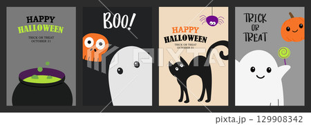 Happy halloween greeting card or party invitation template background. Halloween illustration with bat, pumpkin, ghost, spider, hat, cauldron, Poison bottle. 129908342